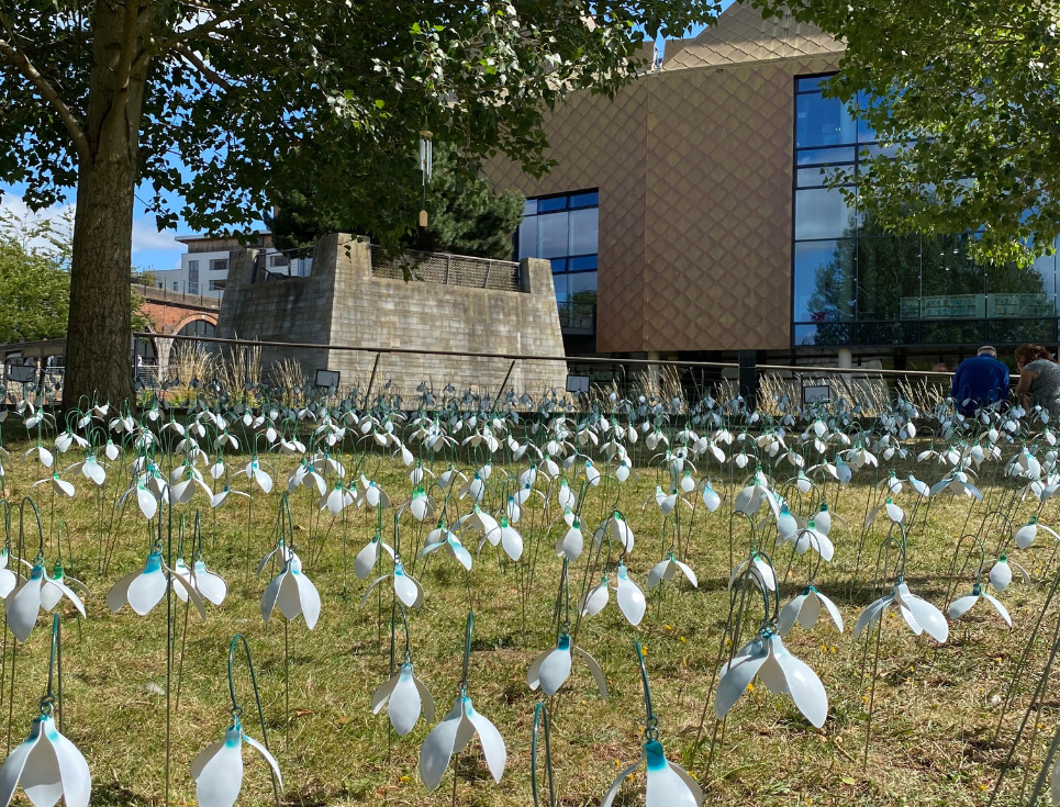 Hundreds of metal snowdrop sculptures planted in the gardens in front of the golden cladded Hive library in Worcester.