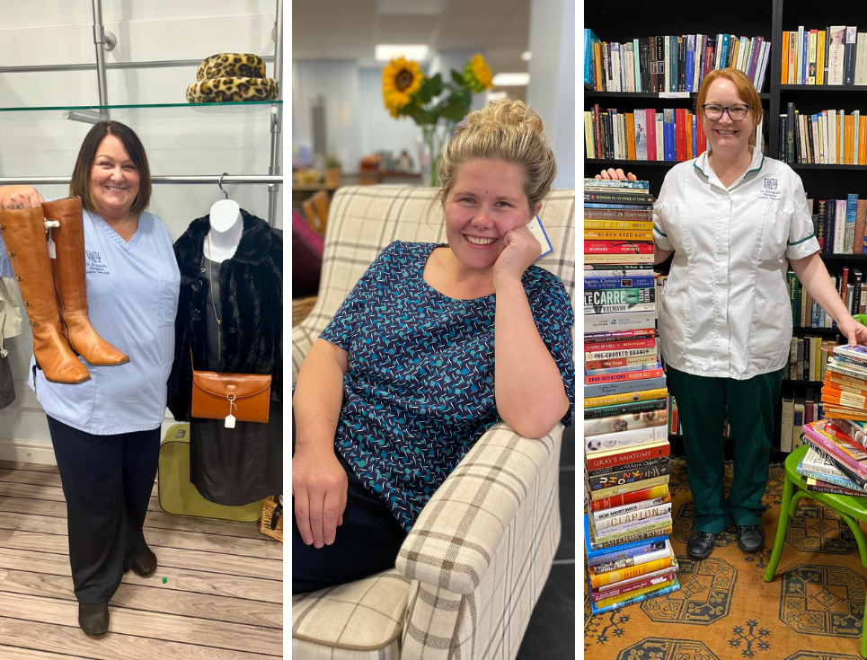 A collage of three images of clinical staff members in uniform in hospice shops.