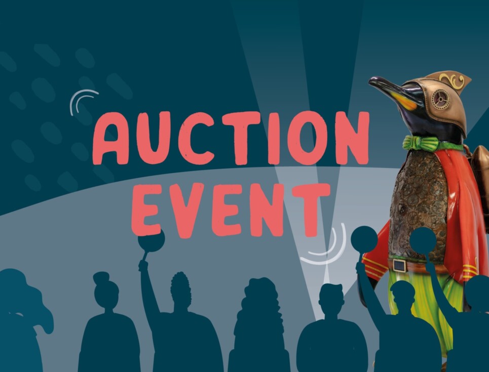 A graphic promoting the Waddle of Worcester penguin auction. Pink text on a dark background reads Auction Event. A penguin sculpture sits to the right of the text. Along the bottom are silhouettes of people waving auction paddles. The background is dark grey.