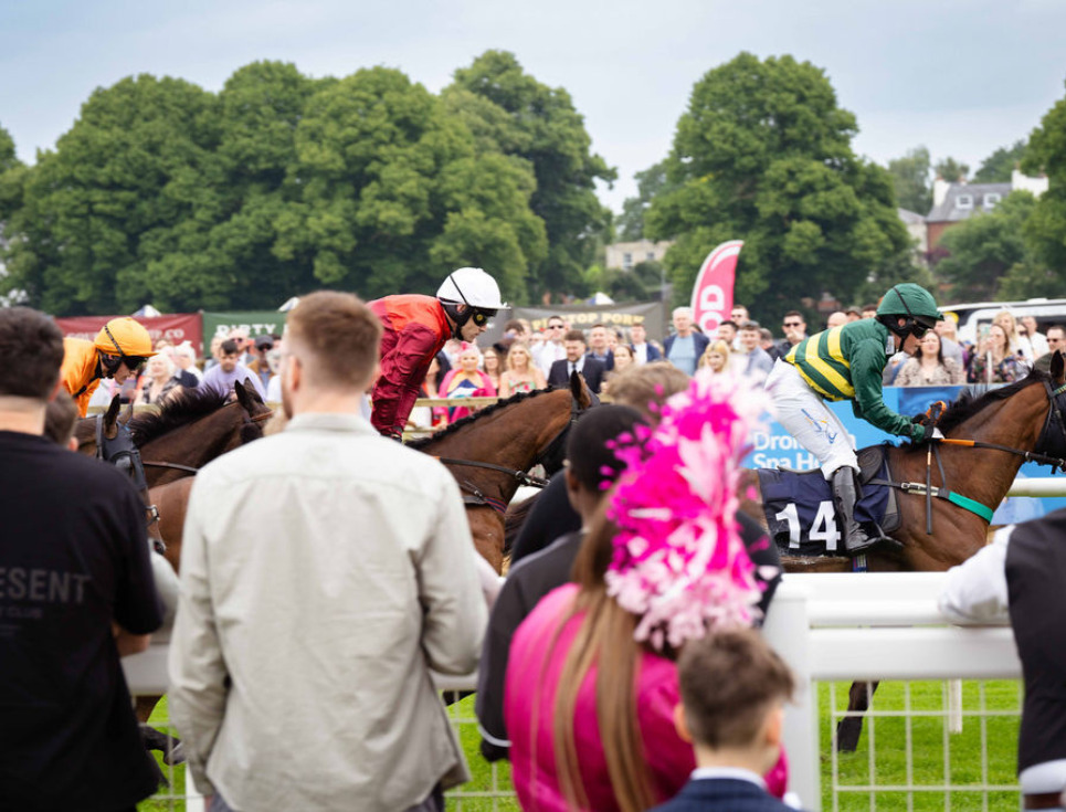 A race horse with a jockey amongst the ladies day crowds.