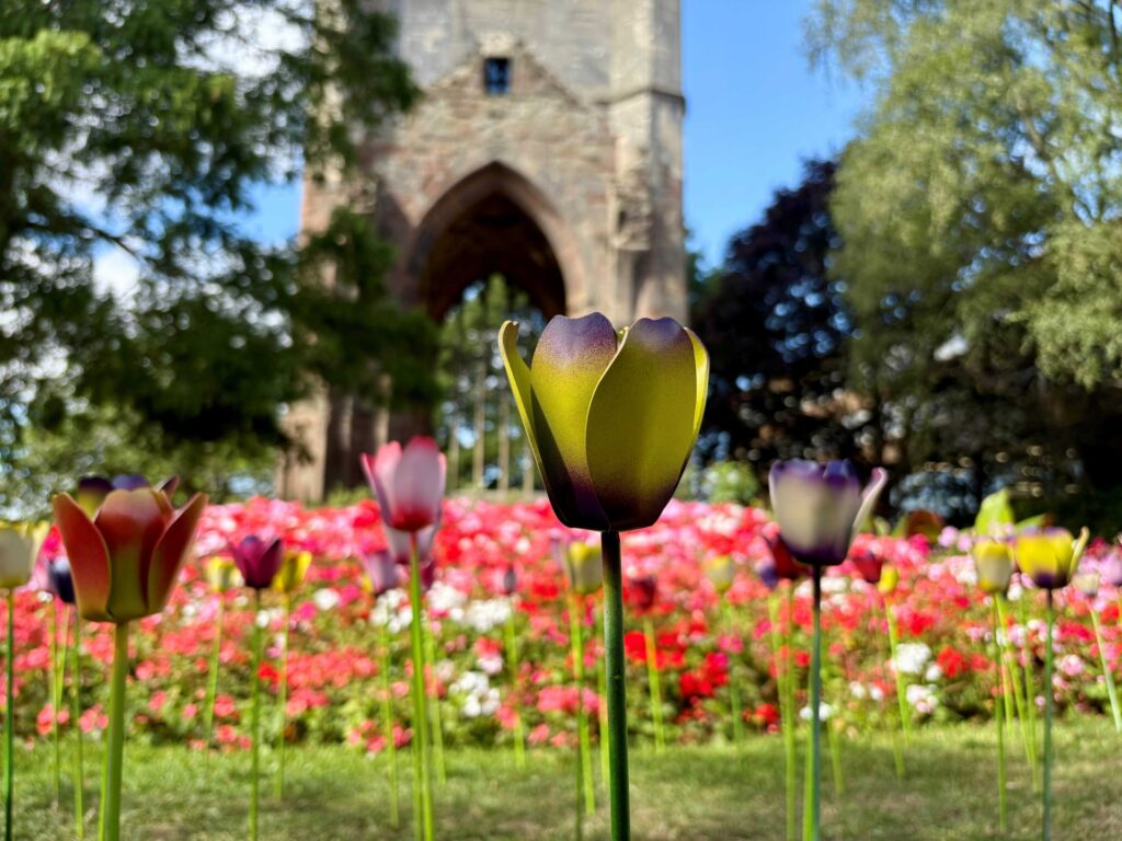 Tulip sculptures are shown amongst colourful summer flowers in The Spire gardens, Worcester