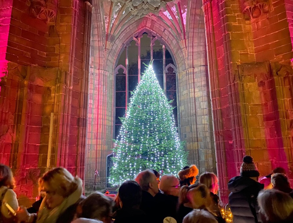 People gather around an illuminated Christmas tree which features lights of love in memory of loved ones