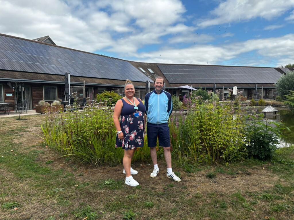Challenge Cup organiser Mark Payne in the hospice gardens with Ria Simons, Corporate Fundraising Lead at St Richard’s
